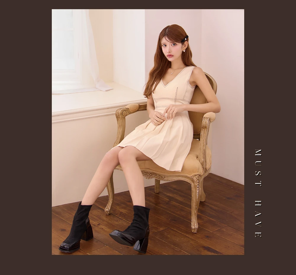 【ERUKEI エルケイ】シンプル/ Vネック/ ノースリーブ/ プリーツ/ Aライン/ フレア/ ワンピース/ ミニドレス/ キャバドレス 5