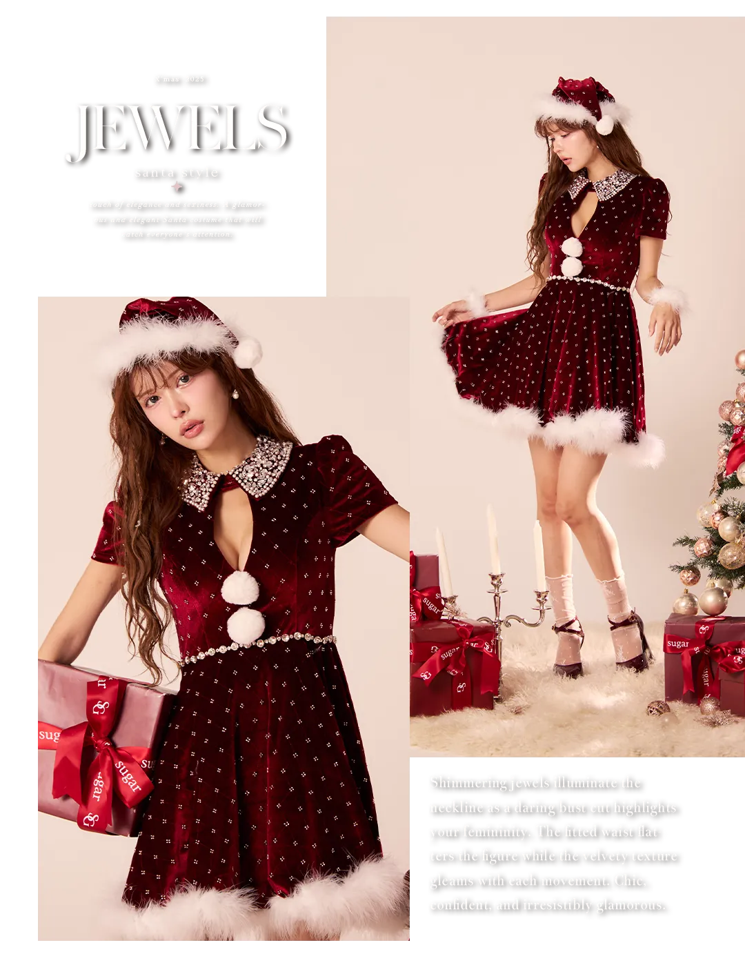 サンタドレス / ビジュー襟 / バストカット / ベロア / ウエストマーク / セクシーサンタ / くびれ強調 / 大人フェミニン / 赤ドレス / きれいめ 3