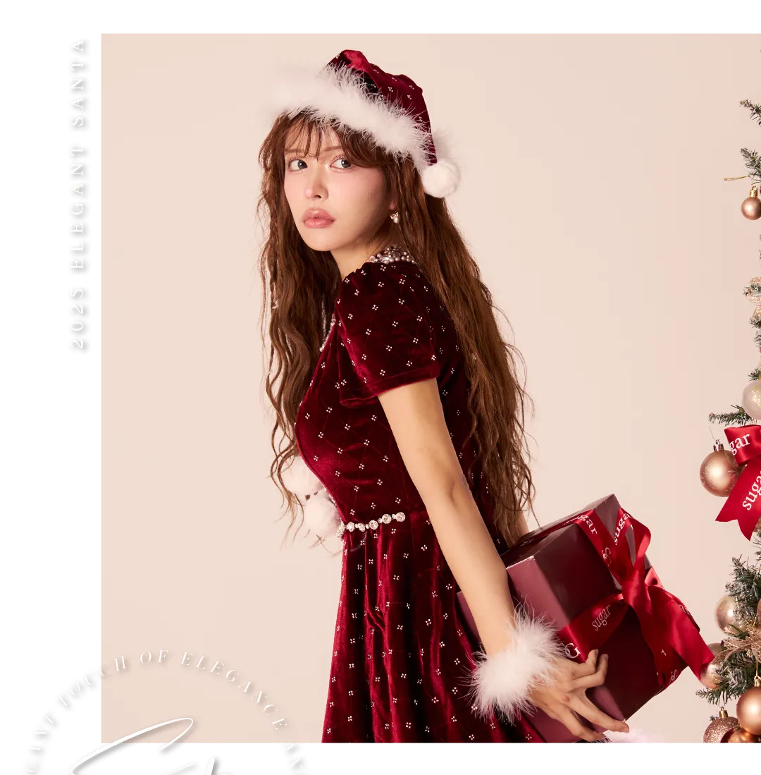 サンタドレス / ビジュー襟 / バストカット / ベロア / ウエストマーク / セクシーサンタ / くびれ強調 / 大人フェミニン / 赤ドレス / きれいめ 4