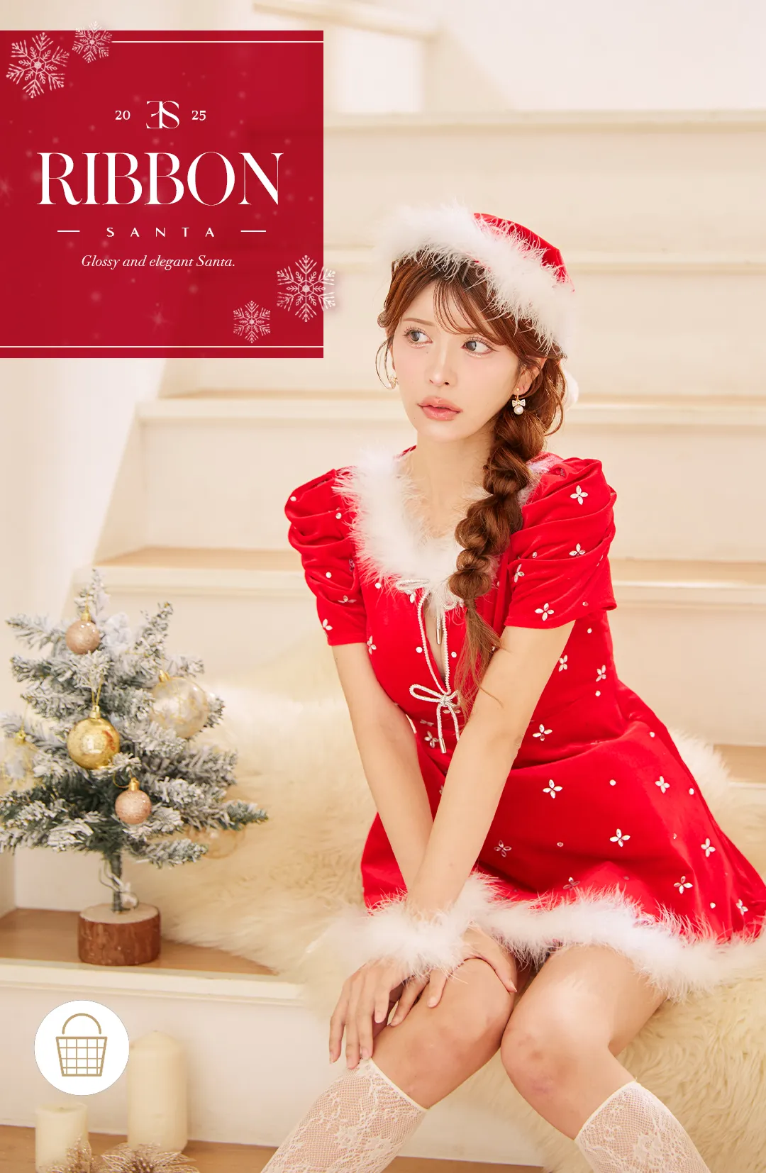 サンタドレス / ビジュー襟 / パフスリーブ / リボンチャーム / 赤ベロア / ガーリー / フェミニン / ボリューム袖 / 可愛い / クリスマスコーデ 1