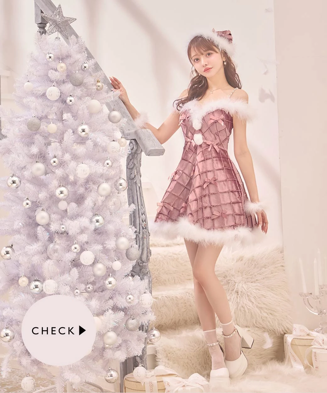 リボンモチーフパールショルダーフレアサンタ1