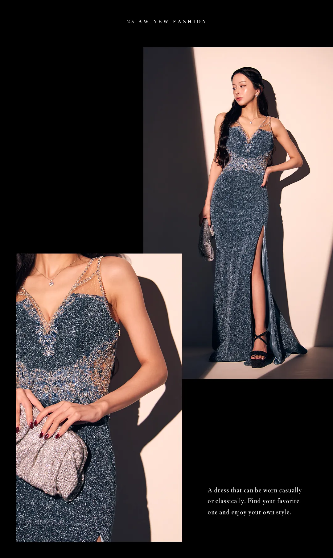 【IRMA/イルマ】ラメニット/ ビーズ刺繍/ ビジュー/ シアー/ ストレッチ/ ノースリーブ/ スリット/ ロングドレス/ キャバドレス3