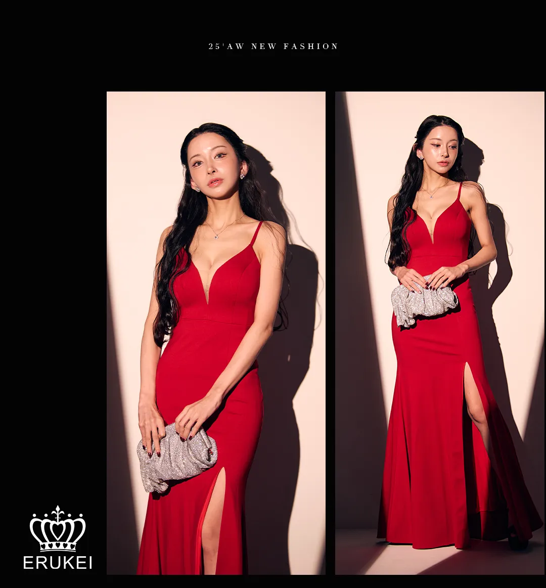 【ERUKEI エルケイ】ワンカラー/ キャミソール/ Vカット/ バストシアー/ スリット/ タイト/ ロングドレス/ キャバドレス3