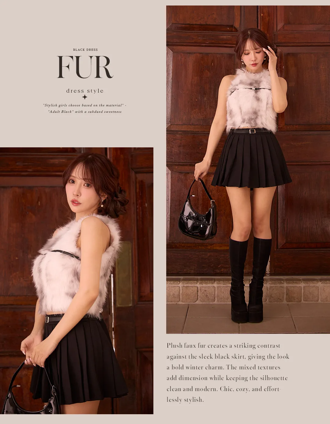 ファー / 異素材 / ブラックコーデ / 冬ワンピ / ミニ丈 / 上品モード / 大人可愛い / ハイウエスト / プリーツスカート / 高見え 3