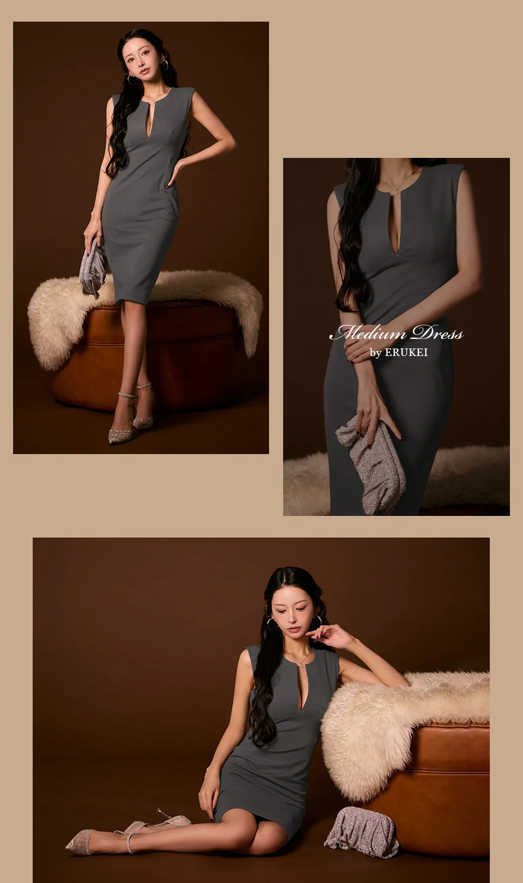 【Veautt/ヴュート】【OF05】ネックビジュー/ ドレープ/ ファスナー/ スリット/ タイト/ ミディアムドレス/ キャバドレス2