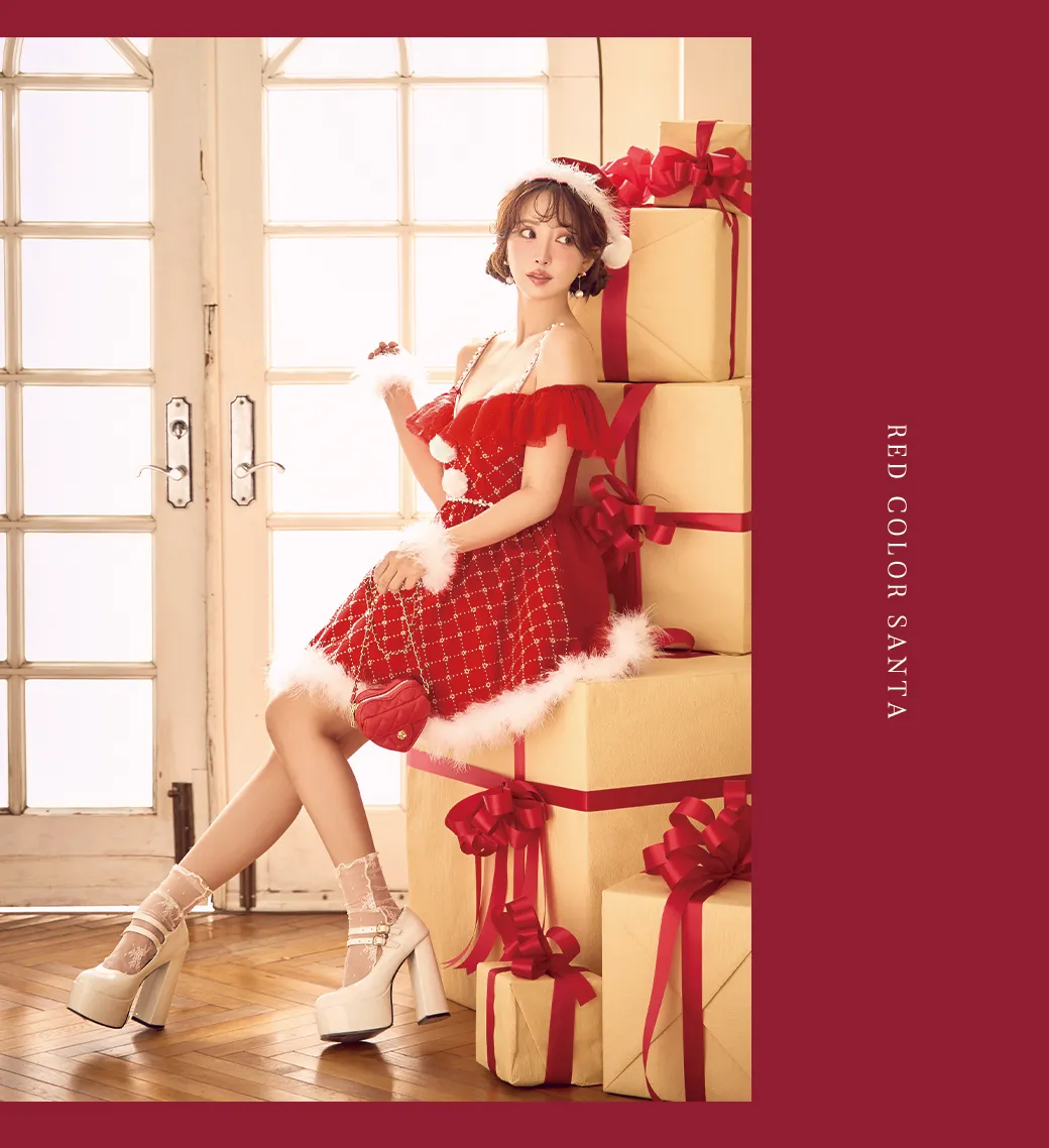 ビジュー格子柄オフショルサンタ