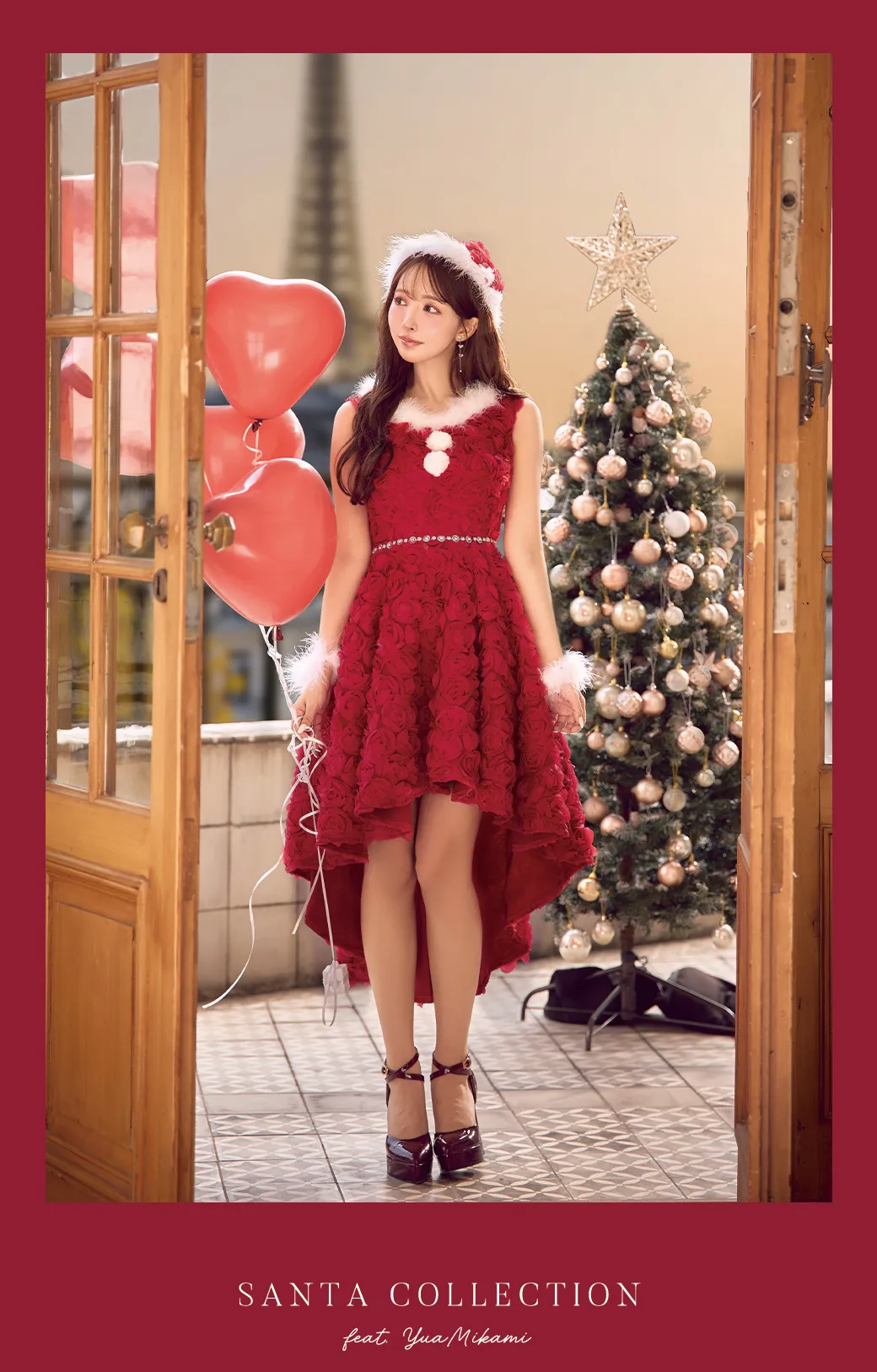 【サンタコス 4点セット】【S-Mサイズ/2カラー】立体ローズショートインスカートサンタコスプレ