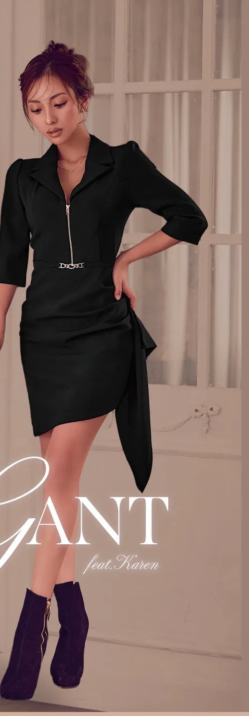 【ANDY/アンディ】襟付き/ ワンカラー/ タック/ 七分袖/ 袖あり/ Vネック/ バストジップ/ タイト/ ミニドレス/ キャバドレス1