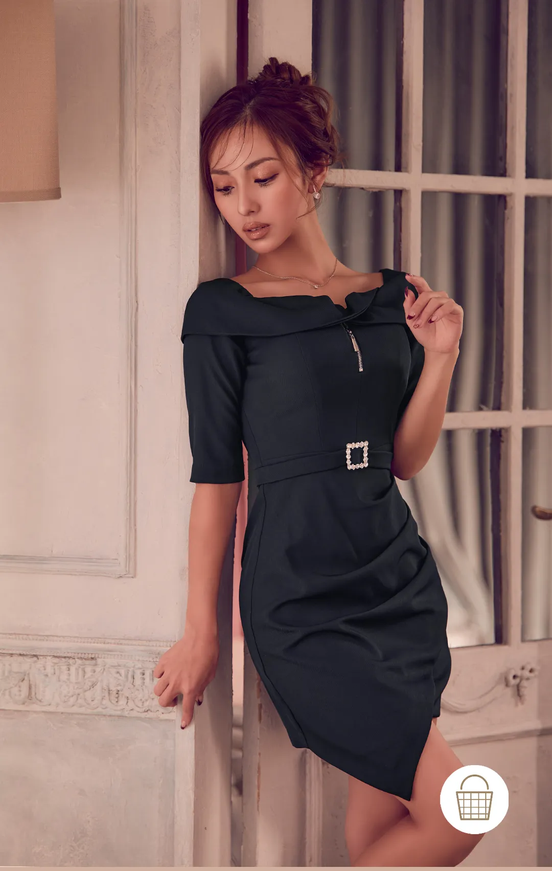 【ANDY/アンディ】 タイト/ バストジップ/ タック/ アシメスカート/ ストレッチ/ 無地/ オフショルデザイン/ ミニドレス/ キャバドレス1