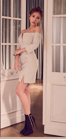 【ANDY/アンディ】フロントジッパー/ ジッパー/ スリット/ オフショル/ タイト/ ミニドレス/ キャバドレス