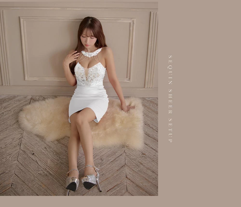 【【ANGEL R/エンジェルアール】ホルターネック/ アッパーフラワー/ パールチェーン/ ビジュー/ メッシュ/ タイト/ ミニドレス/ キャバドレス3