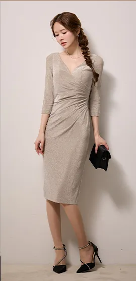 【JEAN MACLEAN/ジャンマクレーン】カシュクール/ ラメニット/ 七分袖/ タック/ ひざ丈/ ストレッチ/ タイト/ ミディアムドレス/ キャバドレス4