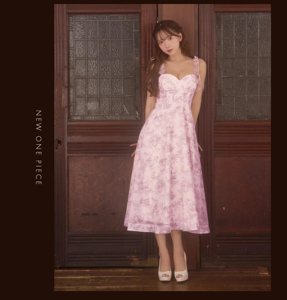 【an /アン】クラシカル/ トワルドジュイ/ 立体フラワー/ キャミソール/ フレア/ Aライン/ ミモレ丈/ ミディアムドレス/ キャバドレス4