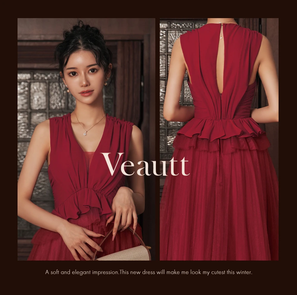 【Veautt/ヴュート】ノースリーブ/ ウエストフリル/ ペプラムデザイン/ チュール/ シフォン/ ロングフレア/ ミディアムドレス/ キャバドレス2