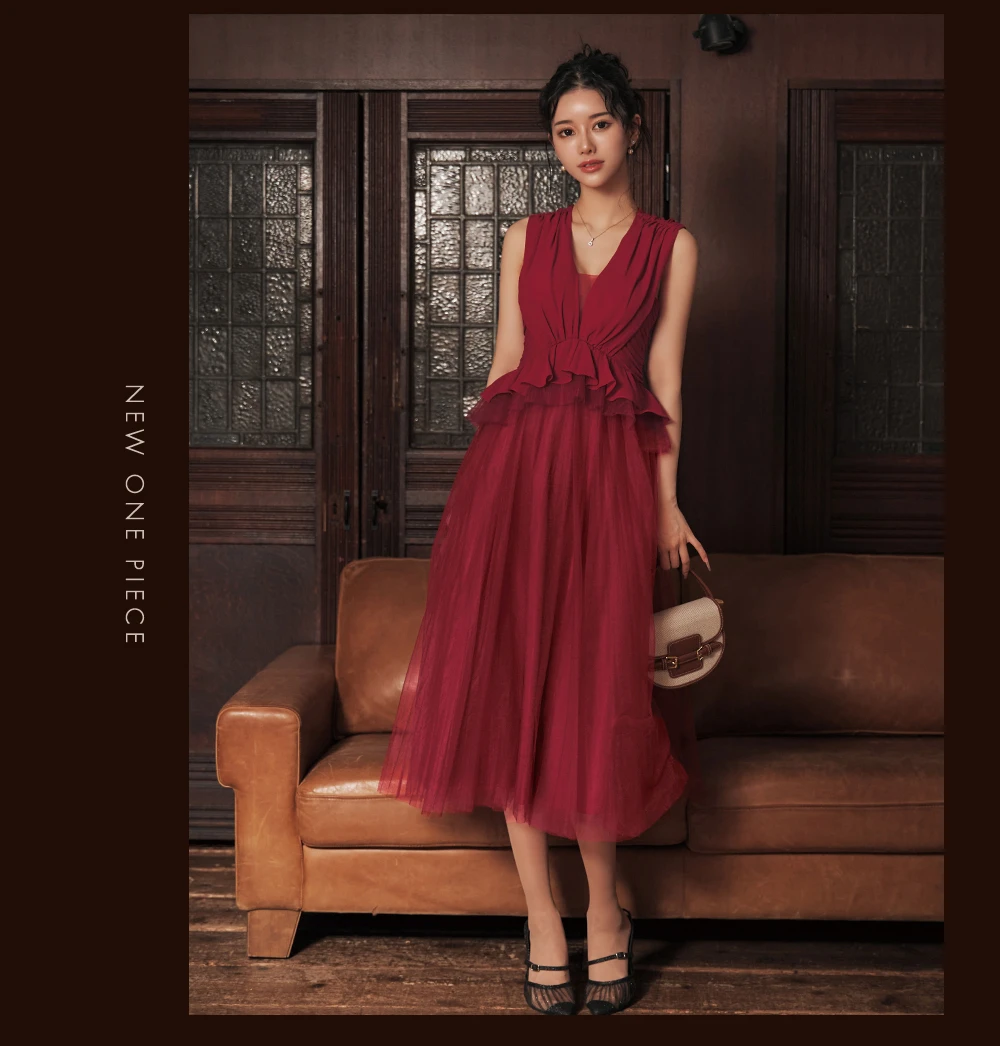 【Veautt/ヴュート】ノースリーブ/ ウエストフリル/ ペプラムデザイン/ チュール/ シフォン/ ロングフレア/ ミディアムドレス/ キャバドレス4