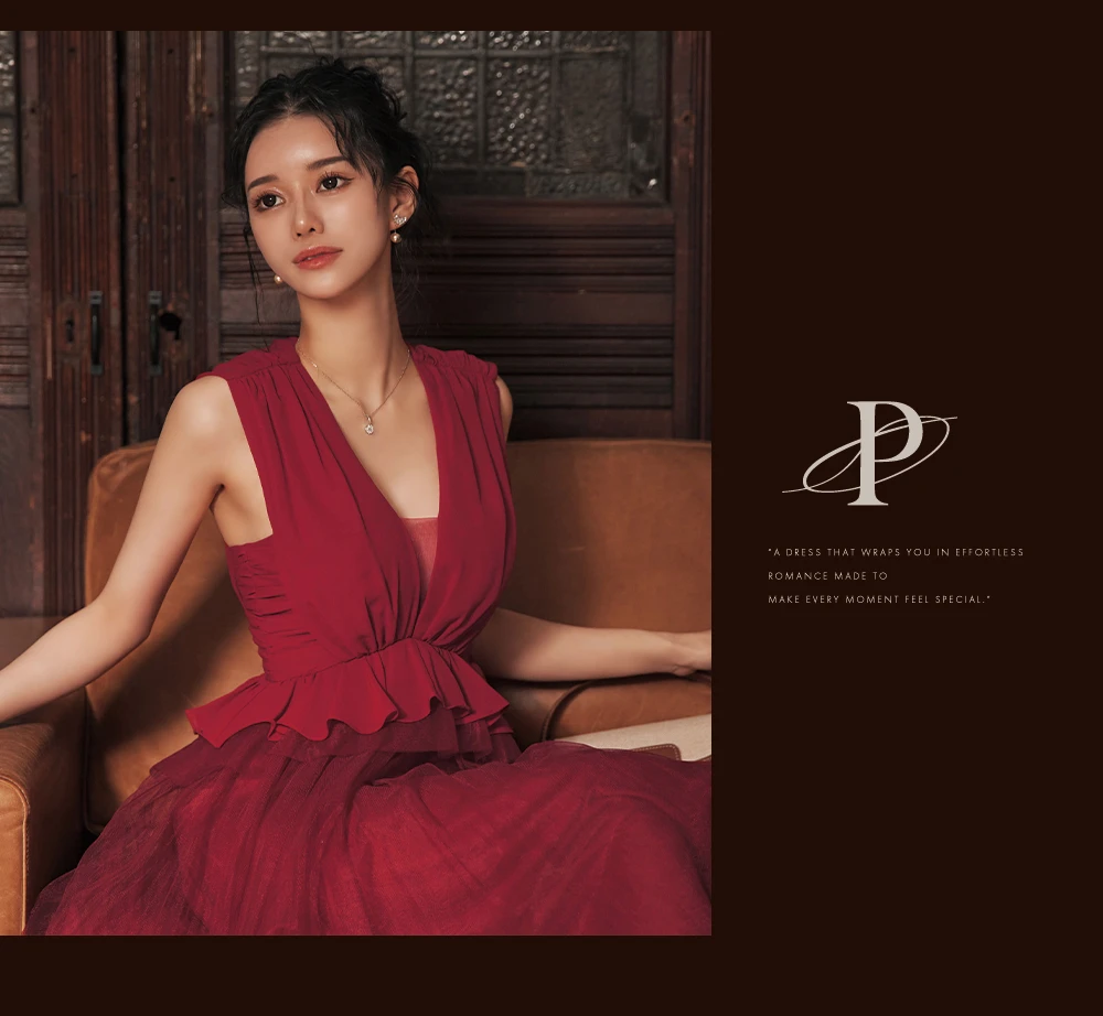 【Veautt/ヴュート】ノースリーブ/ ウエストフリル/ ペプラムデザイン/ チュール/ シフォン/ ロングフレア/ ミディアムドレス/ キャバドレス5