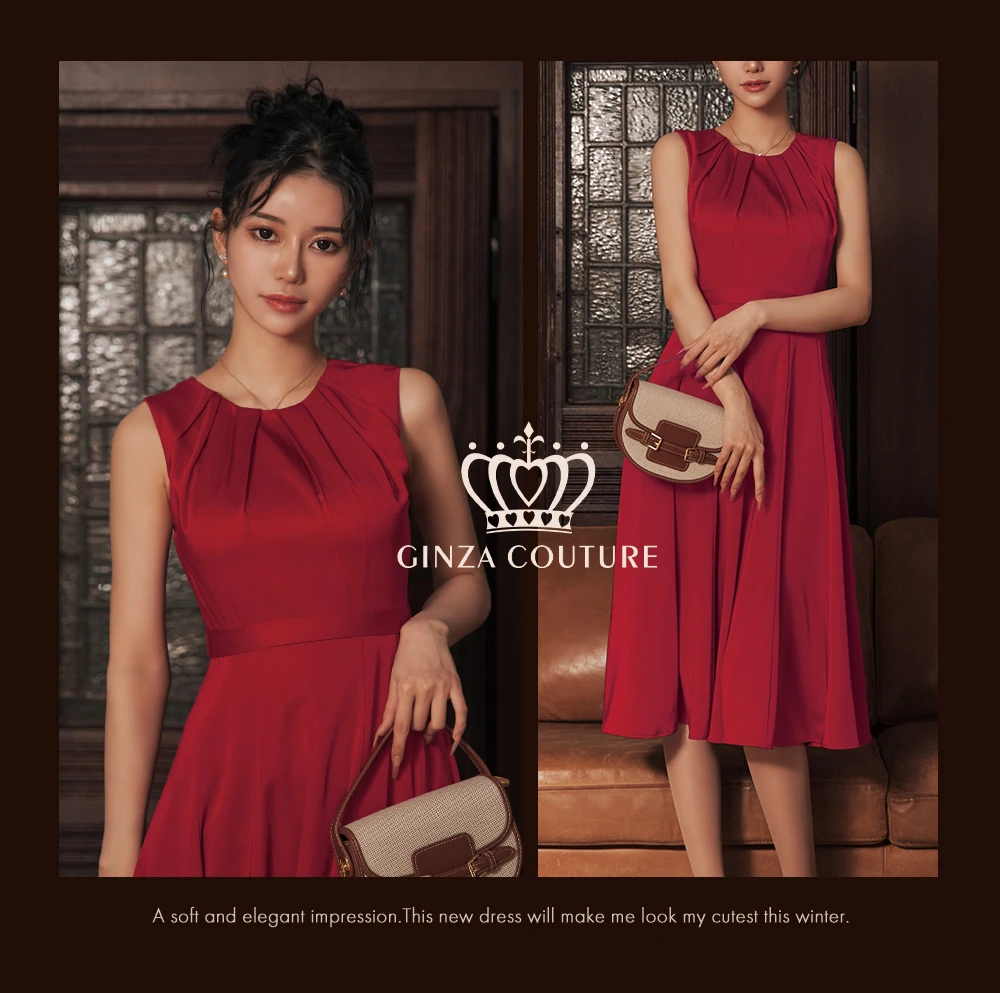 【GINZA COUTURE/銀座クチュール】ノースリーブ/ シンプル/ ワンカラー/サテン/ 切替/ Aライン/ フレア/ ワンピース/ ミディアムドレス/ キャバドレス2