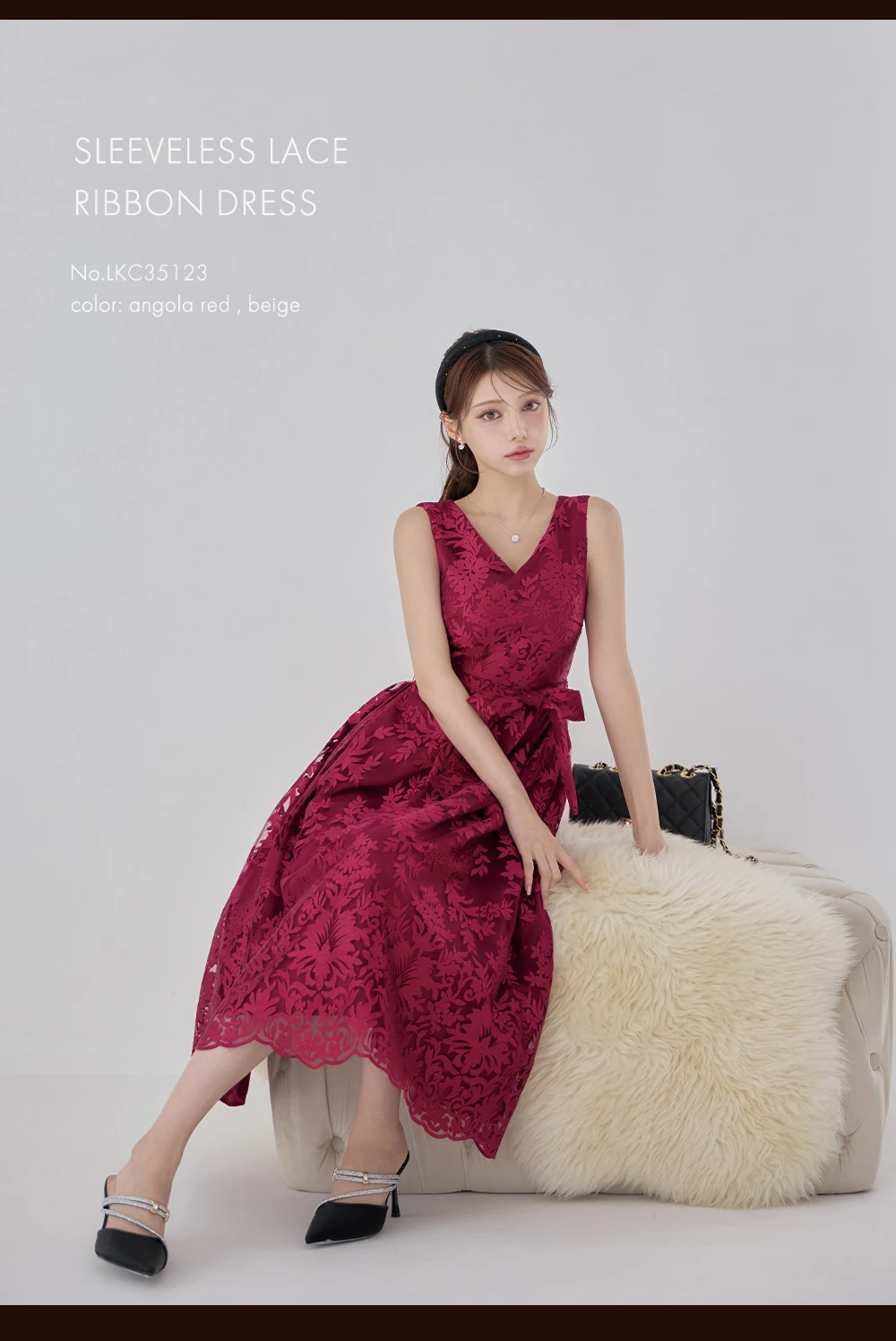 【GINZA COUTURE/銀座クチュール】総レース/ ノースリーブ/ ウエストリボン/ Aライン/ フレア/ 膝丈/ ワンピース/ ミディアムドレス/ キャバドレス1