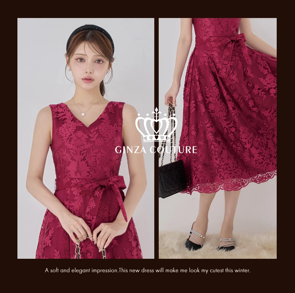 【GINZA COUTURE/銀座クチュール】総レース/ ノースリーブ/ ウエストリボン/ Aライン/ フレア/ 膝丈/ ワンピース/ ミディアムドレス/ キャバドレス2