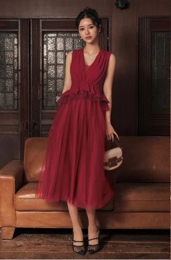 【Veautt/ヴュート】【OF05】ノースリーブ/ ウエストフリル/ ペプラムデザイン/ チュール/ シフォン/ ロングフレア/ ミディアムドレス/ キャバドレス