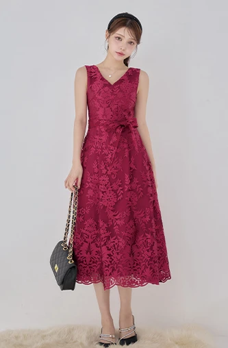 【GINZA COUTURE/銀座クチュール】総レース/ ノースリーブ/ ウエストリボン/ Aライン/ フレア/ 膝丈/ ワンピース/ ミディアムドレス/ キャバドレス