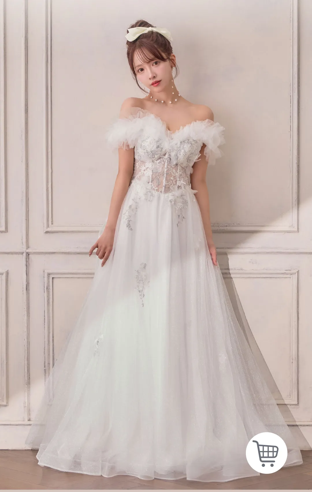 【JEAN MACLEAN/ジャンマクレーン】フリルオフショル/ 立体フラワー/ チュール/ Aライン/ フレア/ プリンセス/ ロングドレス/ キャバドレス long2