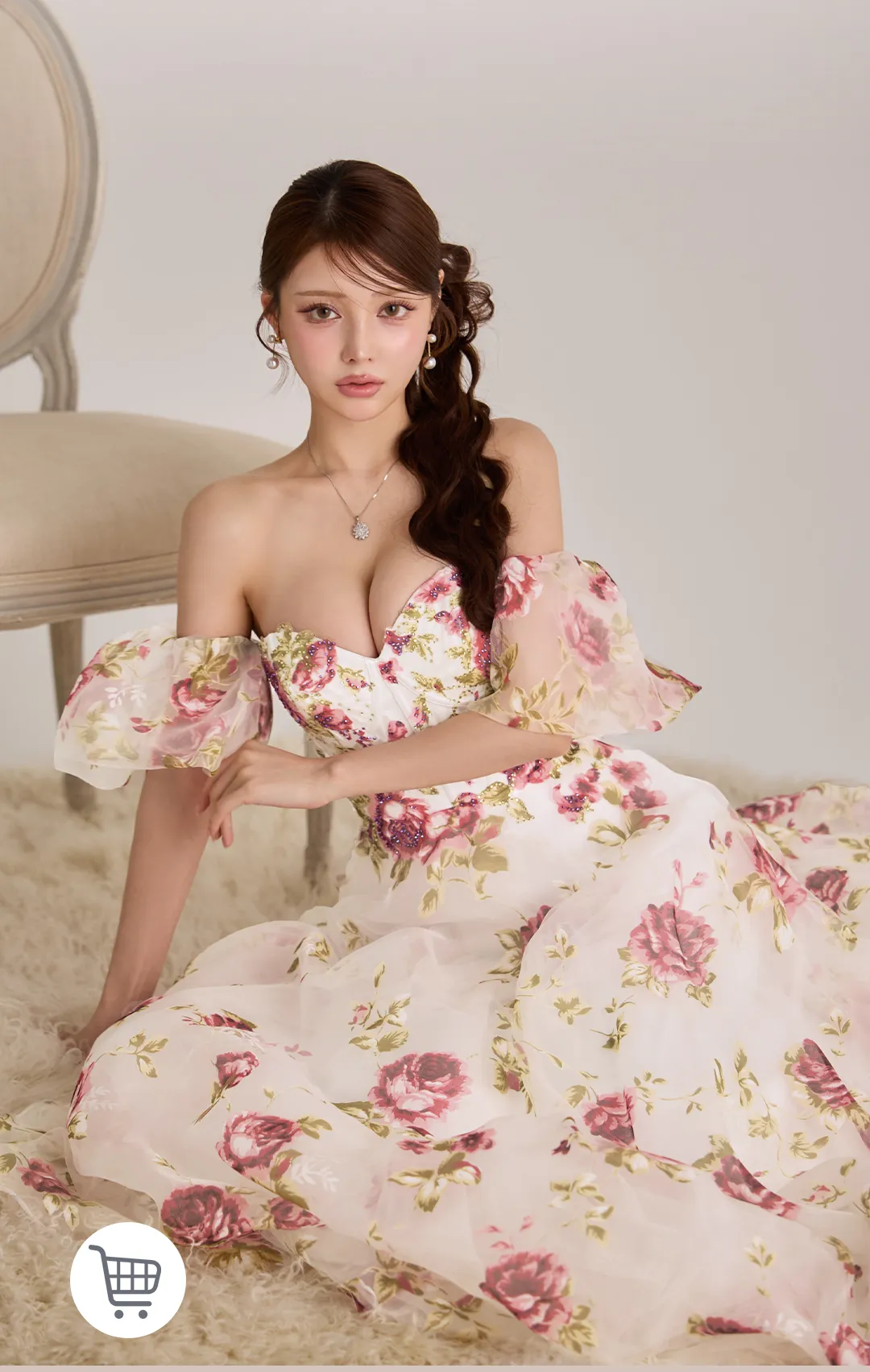 【JEAN MACLEAN/ジャンマクレーン】フラワープリント/ オーガンジー/ ベア/ パフスリーブ/ 袖あり/ プリンセス/ Aライン/ ロングドレス / キャバドレス long1