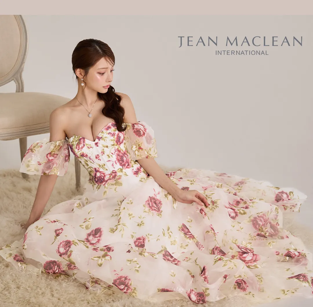 【JEAN MACLEAN/ジャンマクレーン】フラワープリント/ オーガンジー/ ベア/ パフスリーブ/ 袖あり/ プリンセス/ Aライン/ ロングドレス / キャバドレス long3