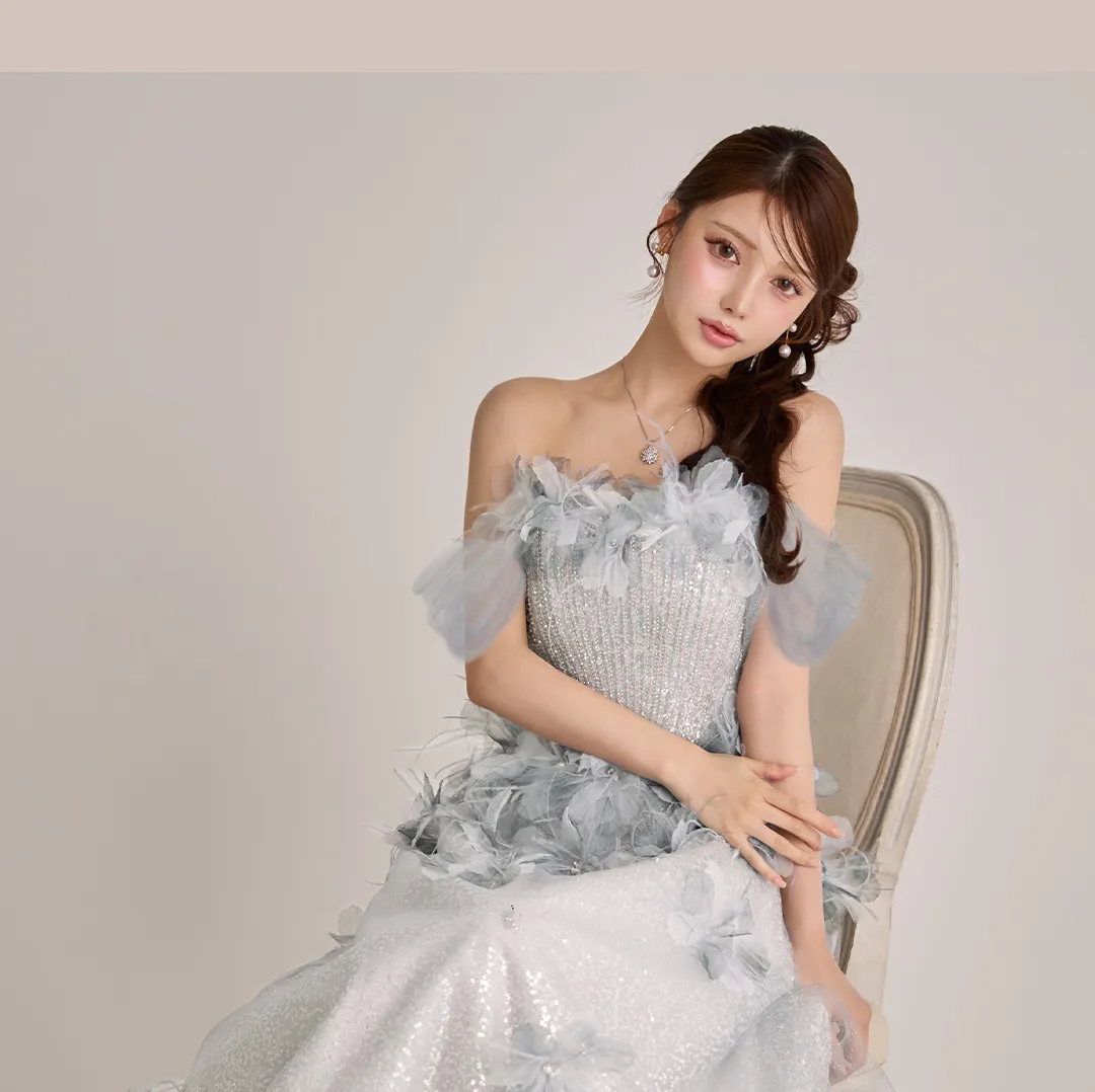 【couture an/クチュールアン】ベア/ オフショル/ 2way/ チュール/ レース/ ラメ/ 立体フラワー/ フレア/ プリンセス/ ロングドレス/ キャバドレス long3