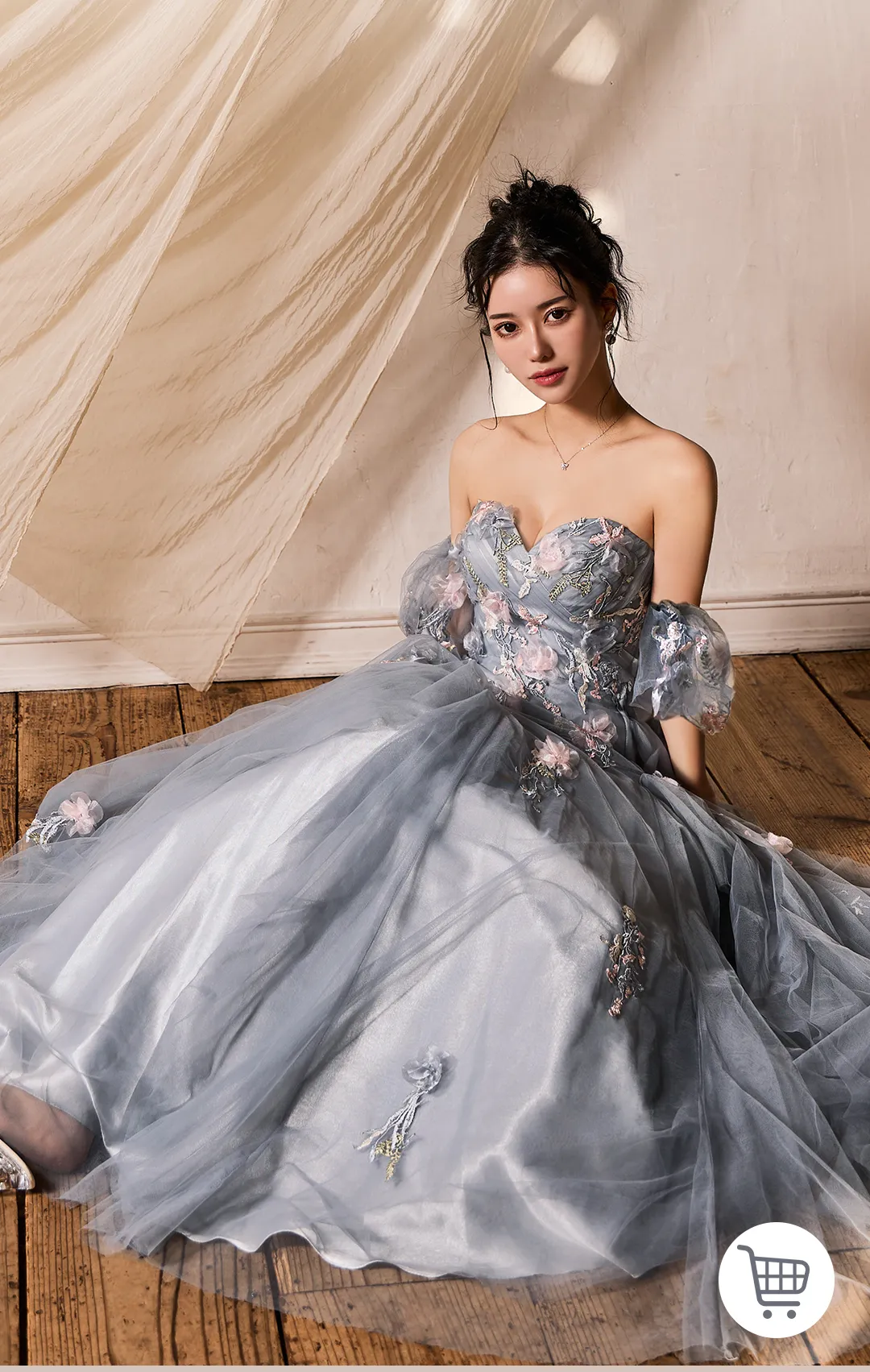 【JEAN MACLEAN/ジャンマクレーン】チュール/ ベア/ オフショル/ フラワー刺繍/ フレア/ パフスリーブ/ プリンセス/ ロングドレス/ キャバドレス long1