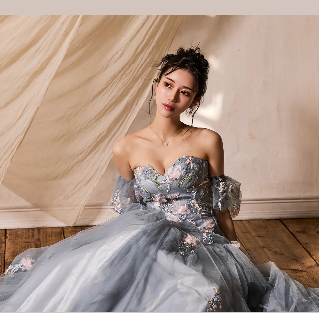 【JEAN MACLEAN/ジャンマクレーン】チュール/ ベア/ オフショル/ フラワー刺繍/ フレア/ パフスリーブ/ プリンセス/ ロングドレス/ キャバドレス long3