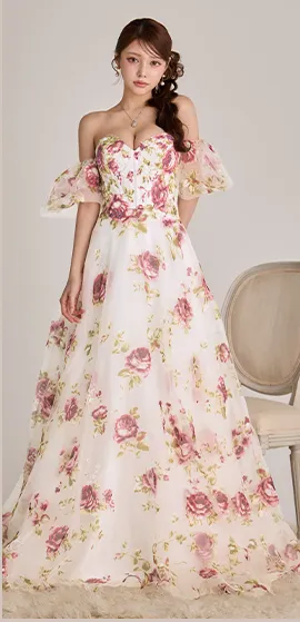 【JEAN MACLEAN/ジャンマクレーン】チョーカー付き/ 立体フラワー/ 刺繍/ シアー/ ベア/ ティアードフリル/ Aライン/ フレア/ プリンセス/ ロングドレス/ キャバドレス5