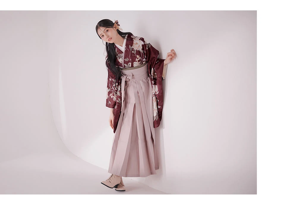 ピンク芍薬 ワインレッド二尺袖着物3