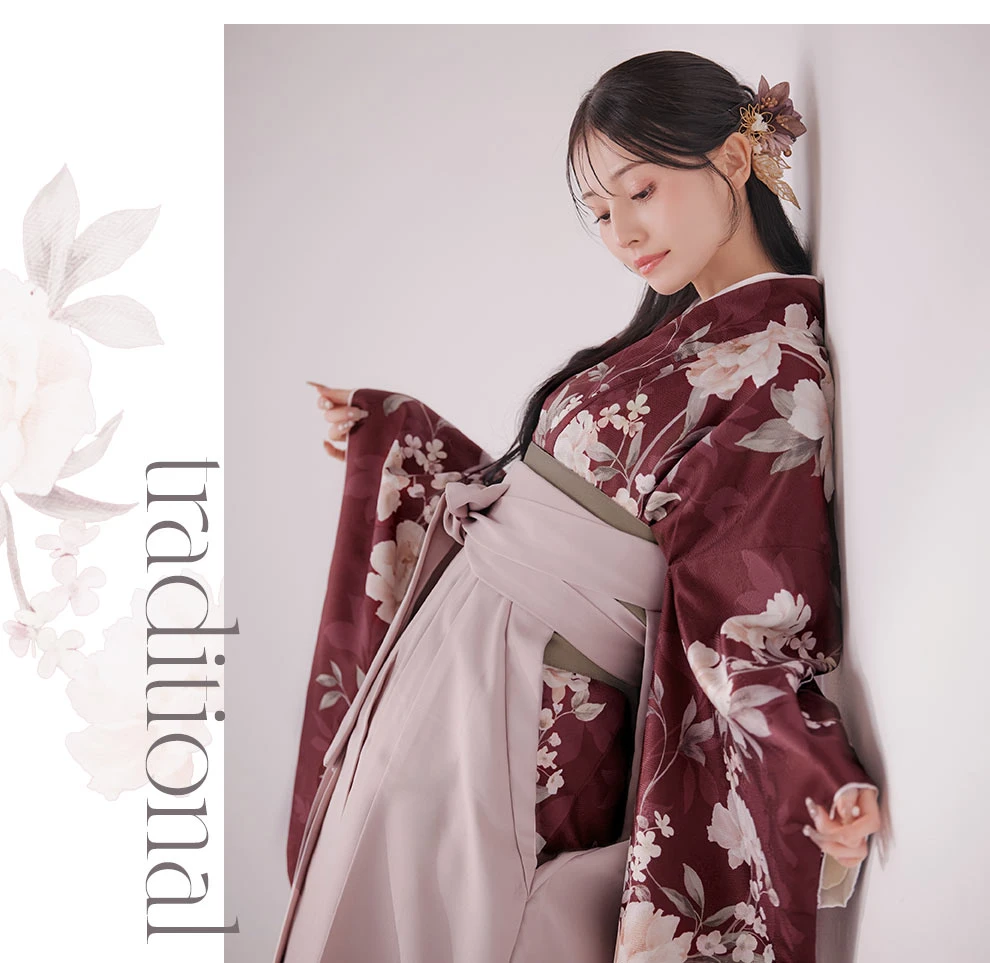 ピンク芍薬 ワインレッド二尺袖着物4