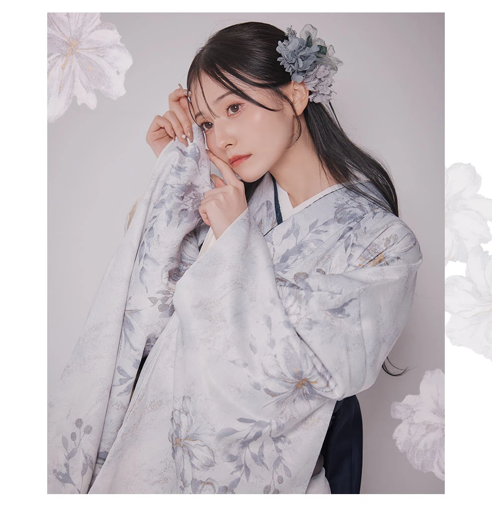 灰色サフラン グレー二尺袖着物4