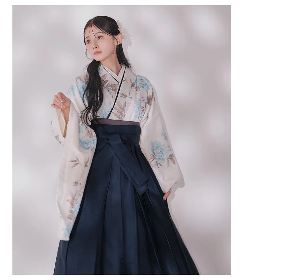 ブルー芍薬 ホワイト二尺袖着物4