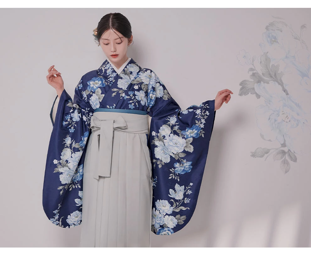 青フラワーブーケ ブルー二尺袖着物3