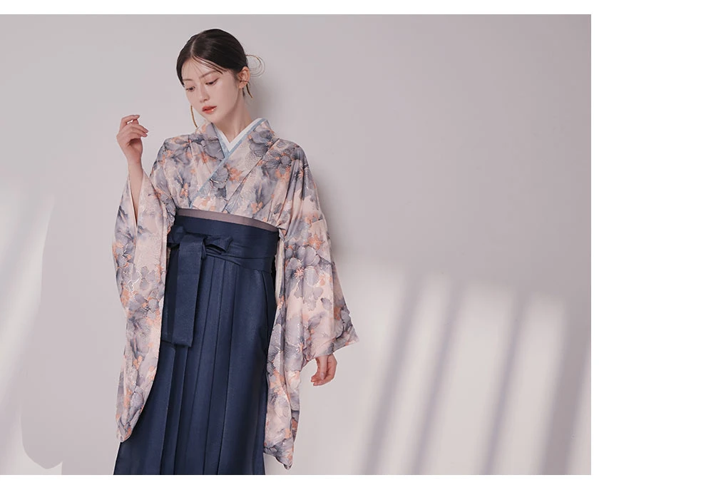 グレーピンクフラワー グラデーション二尺袖着物3