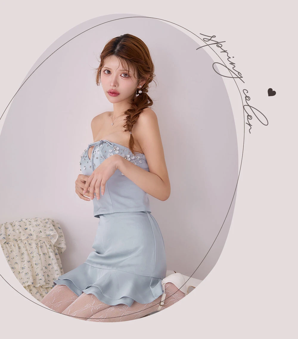 【ANGEL R/エンジェルアール】ベアトップ/ バストカット/ リボン/ フラワービジュー/ サテン/ セパレート/ フレア/ マイクロミニドレス/ キャバドレス3