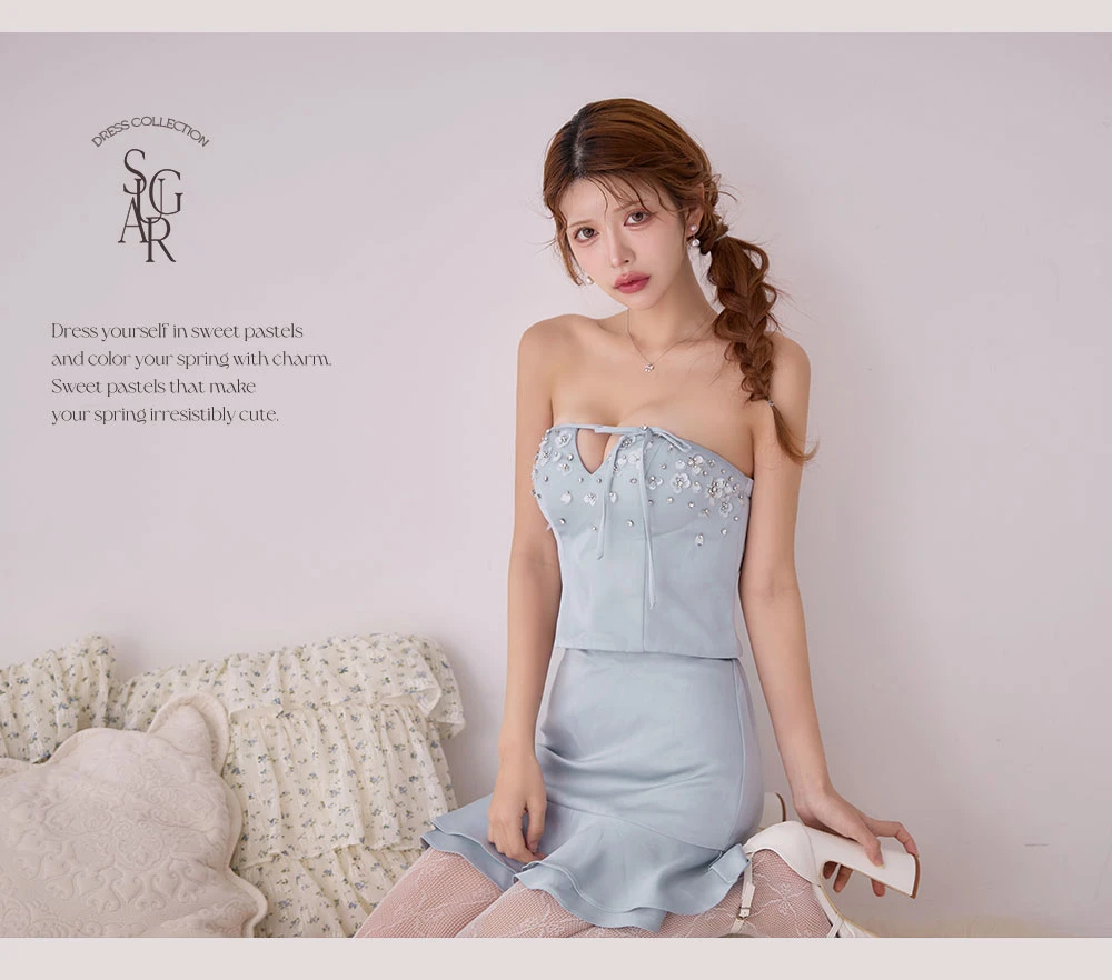 【ANGEL R/エンジェルアール】ベアトップ/ バストカット/ リボン/ フラワービジュー/ サテン/ セパレート/ フレア/ マイクロミニドレス/ キャバドレス3