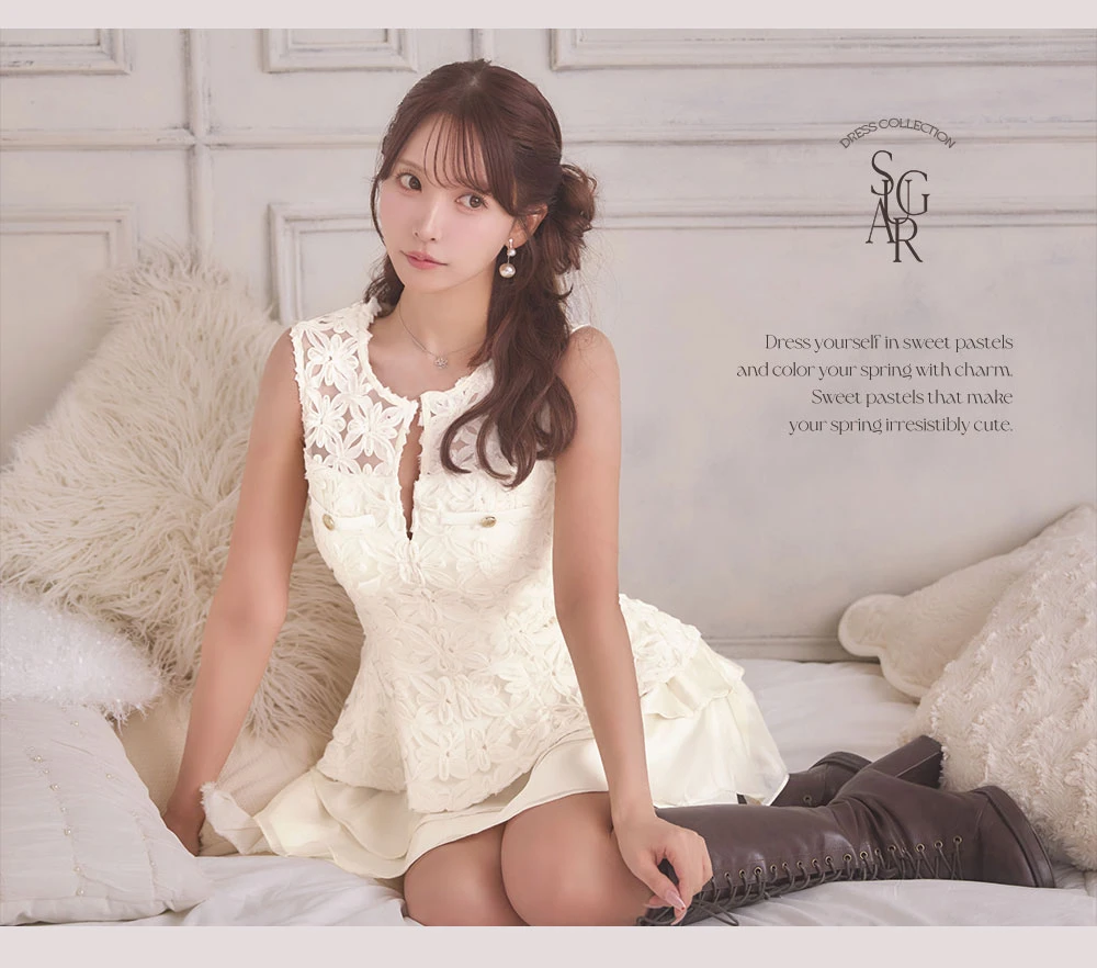 【ROBE de FLEURS/ローブドフルール】フラワーレース/ ティアード/ ペプラム/ セットアップ/ フレア/ ミニドレス/ キャバドレス3