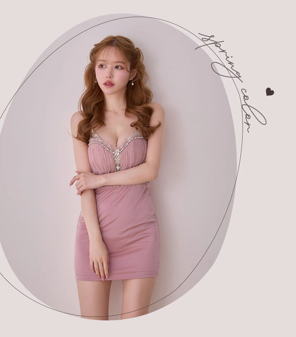 【ANGEL R/エンジェルアール】フロントメッシュ/ Vカット/ ビジュー/ フリル/ ウエストマーク/ タイト/ マイクロ/ ミニドレス/ キャバドレス3