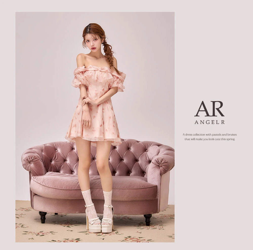 【ANGEL R/エンジェルアール】シフォン/ オフショル/ 肩紐付き/ 2way/ バストフリル/ 花柄/ フレア/ ミニドレス/ キャバドレス2