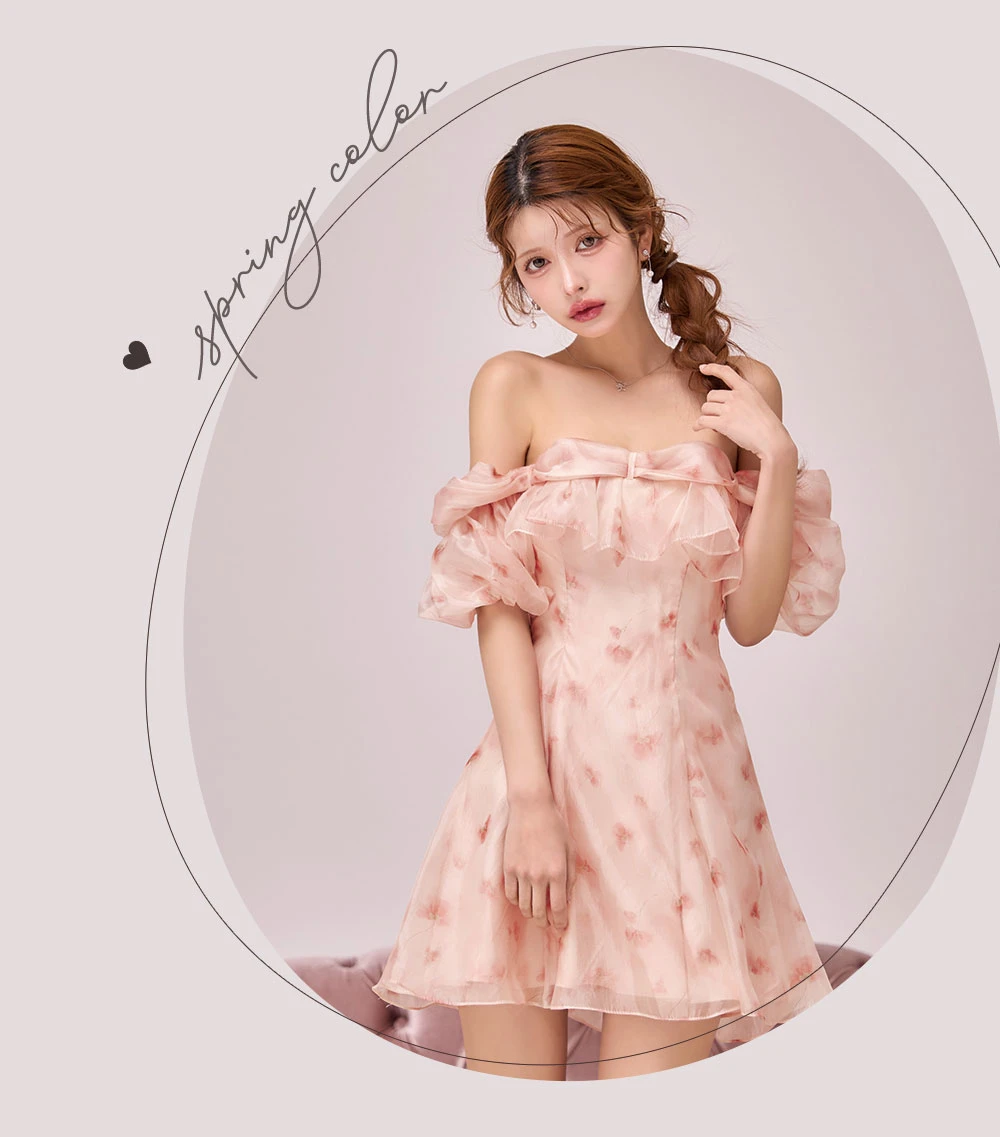 【ANGEL R/エンジェルアール】シフォン/ オフショル/ 肩紐付き/ 2way/ バストフリル/ 花柄/ フレア/ ミニドレス/ キャバドレス3