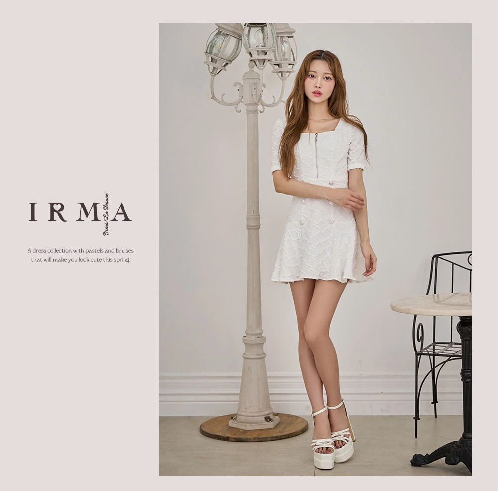 【IRMA/イルマ】ダイヤ柄/ ジャガード/ 袖あり/ スクエアネック/ パールボタン/ 半袖/ ハイウエスト/ フレア/ ミニドレス/ キャバドレス2