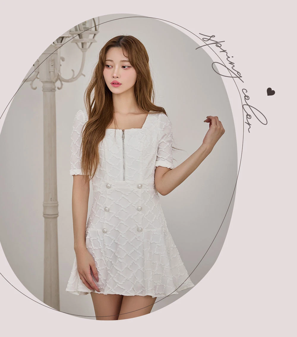 【IRMA/イルマ】ダイヤ柄/ ジャガード/ 袖あり/ スクエアネック/ パールボタン/ 半袖/ ハイウエスト/ フレア/ ミニドレス/ キャバドレス3