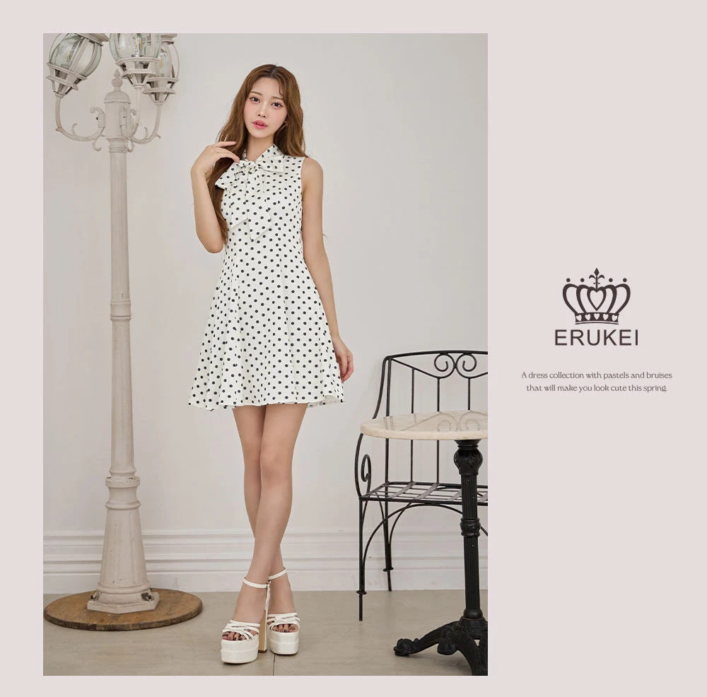 【ERUKEI エルケイ】ドット/ ノースリーブ/ プチハイネック/ リボン/ Aライン/ ワンピース/ ミニドレス/ キャバドレス2
