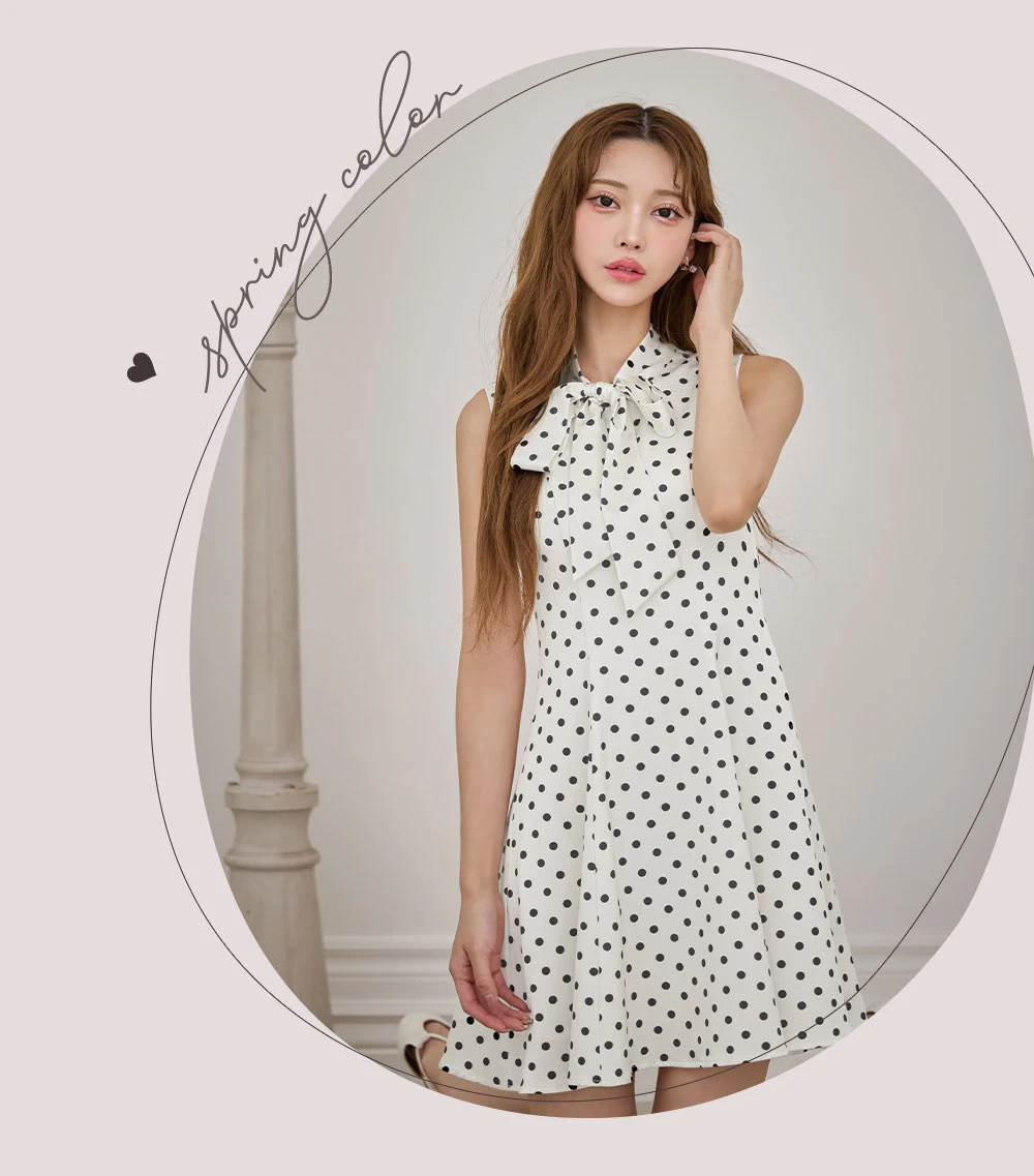【ERUKEI エルケイ】ドット/ ノースリーブ/ プチハイネック/ リボン/ Aライン/ ワンピース/ ミニドレス/ キャバドレス3