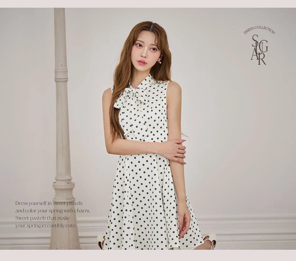 【ERUKEI エルケイ】ドット/ ノースリーブ/ プチハイネック/ リボン/ Aライン/ ワンピース/ ミニドレス/ キャバドレス3