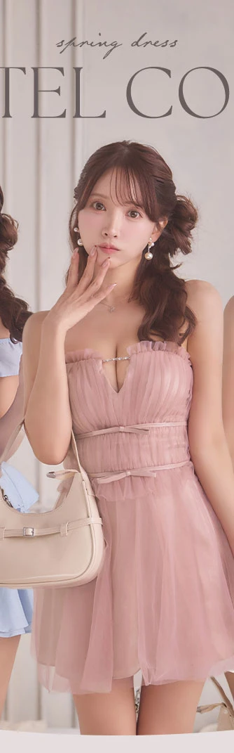 【ANGEL R/エンジェルアール】ベアトップ/ フリル/ ビジューチェーン/ ウエストリボン/ フレア/ マイクロミニドレス/ キャバドレス